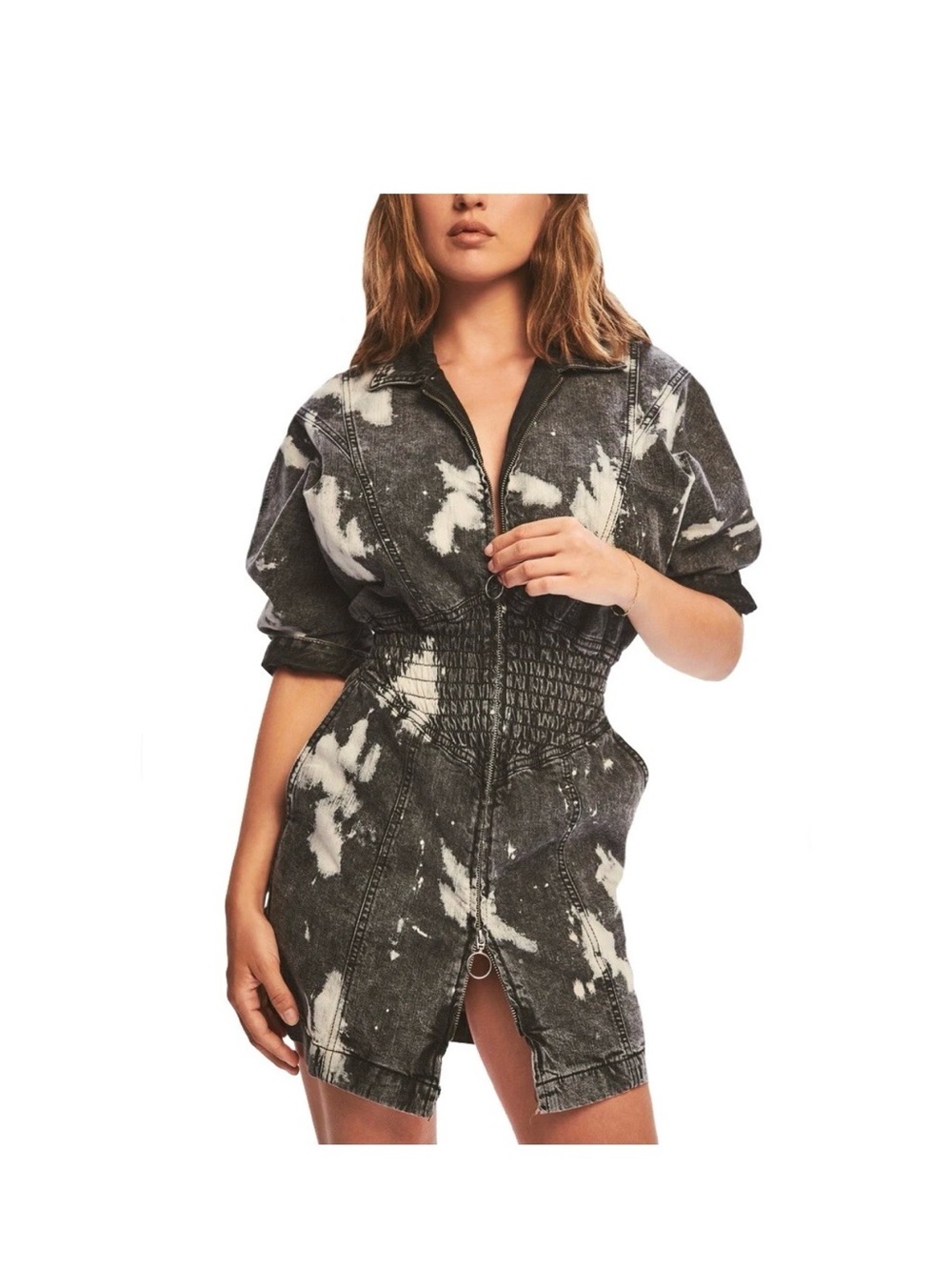 Retrofète Black and White Acid-Wash Denim Mini Dress - Picture 3 of 13